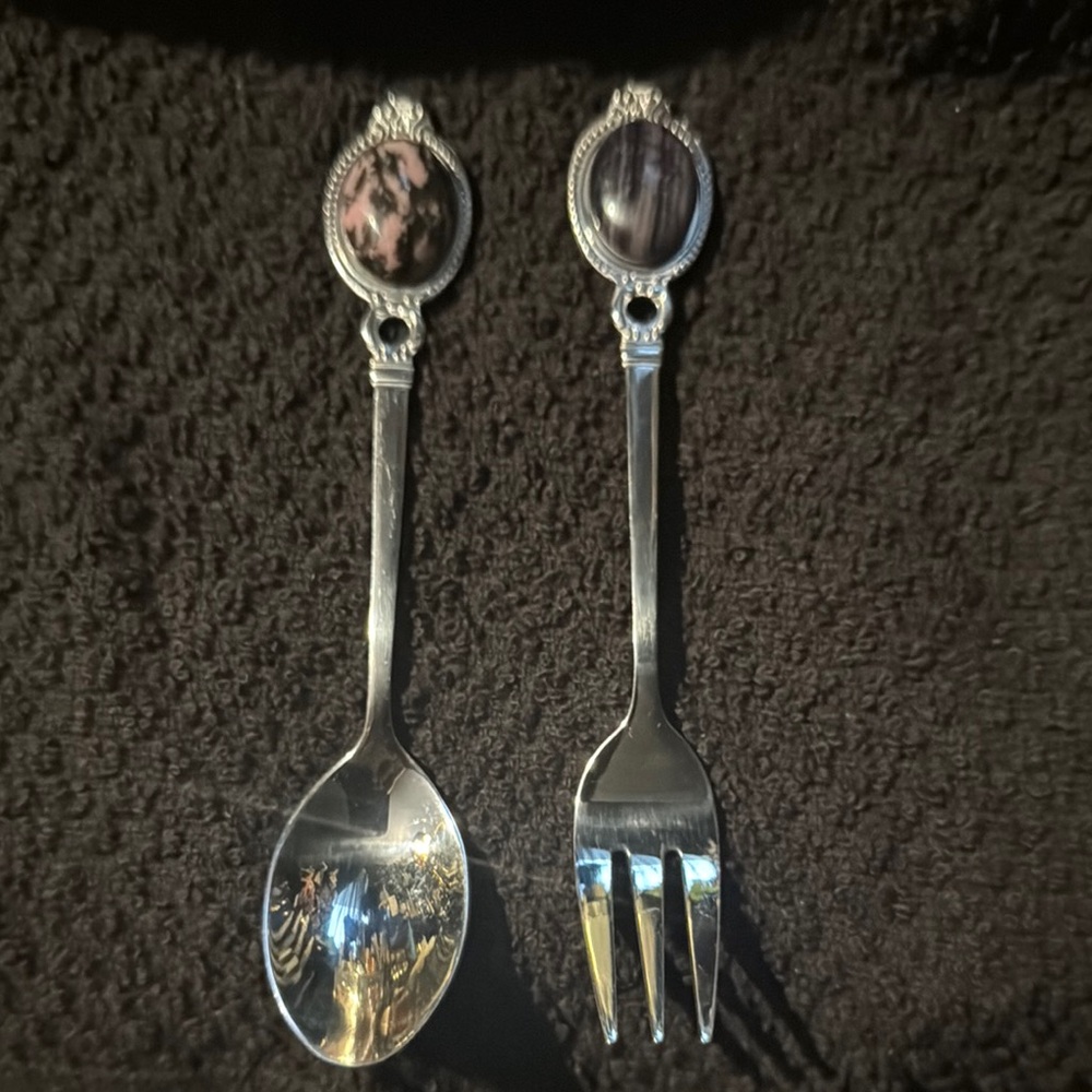 Elegant Silver Spoon and Fork Set with Decorative Agate stone Handles
